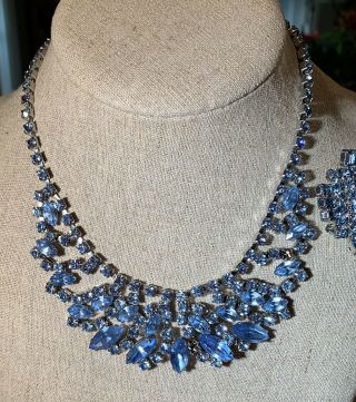 Vtg Weiss Costume Blue Rhinestone Necklace & Brooch with Earrings 2