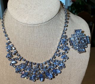 Vtg Weiss Costume Blue Rhinestone Necklace & Brooch with Earrings 4