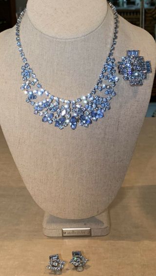 Vtg Weiss Costume Blue Rhinestone Necklace & Brooch with Earrings 6