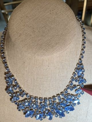 Vtg Weiss Costume Blue Rhinestone Necklace & Brooch with Earrings 8