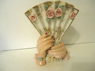 Vintage 50 " S Fan Vase With Wrap Around Hands Bone China Gold And Roses 5.  5 "
