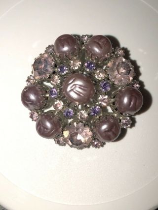 Vintage Weiss Pearls W/ Pink And Purple Rhinestone Round Signed Brooch / Pin