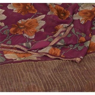 Sanskriti Vintage Purple Saree Pure Chiffon Silk Printed Sari Craft Deco Fabric