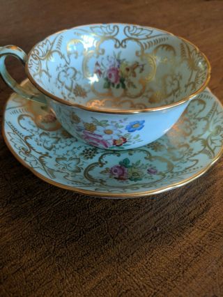 Vintage Hammersley Green And Gold Floral Tea Cup And Saucer.