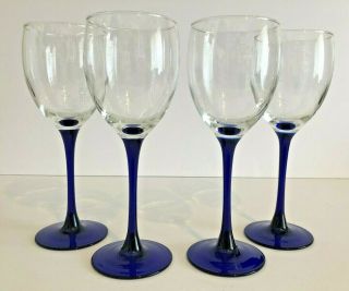 Vintage Set Of 4 Luminarc France Cobalt Blue Stem 8 Oz Wine Glasses