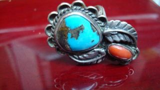 Vintage Navajo Ring - Sterling Silver W/ Turquoise & Red Coral (size 6)