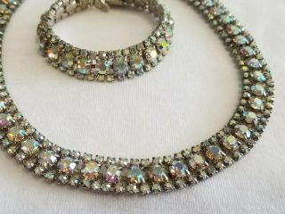 Vintage 50 ' s Glass AB Crystal Rhinestone l Choker Necklace Bracelet Prong Set 3