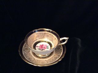 Vintage Paragon Teacup And Saucer Set,  Gold And Royal Blue With Pink Rose Center