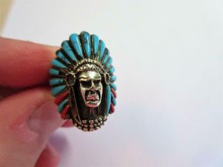Vintage Navajo Indian Sterling Silver Turquoise & Coral Designer Ring - 10.  6g