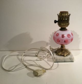 Vintage Fenton Cranberry Coin Dot 7 1/2” Bedroom Table Lamp - Cute