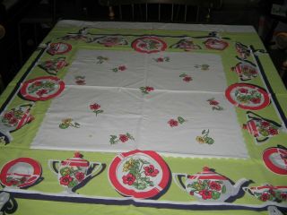 Vintage Tablecloth Teapots Plates Floral Red Green 1950 