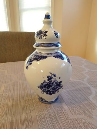 Royal Delft 1653 Vintage Blue White Unique Vase With Lid 11 " Tall Ceramic Floral