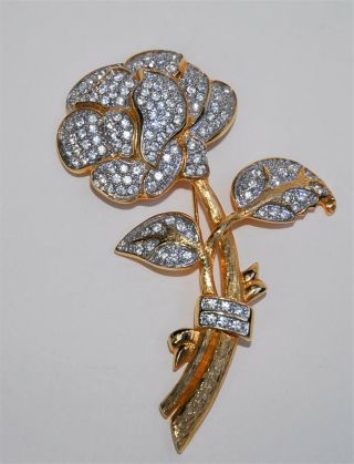 Vintage Signed NOLAN MILLER Large Flower Goldtone Pave - set Rhinestone Pin Brooch 2