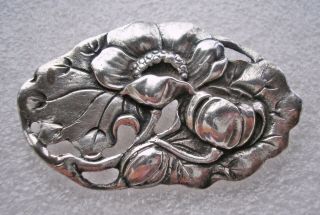 Large Vintage Art Nouveau Design Silver Brooch With Poppies