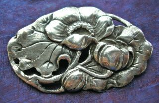 large vintage Art Nouveau design Silver brooch with Poppies 2