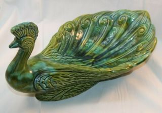 Vintage Ceramic Peacock Bird Figure Dish Mid - Century Modern Blue Green Art Decor
