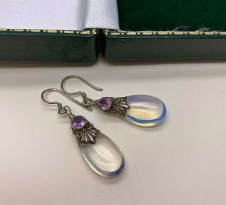 Vintage Jewellery Sterling Silver Moonstone/amethyst Drop Pierced Earrings