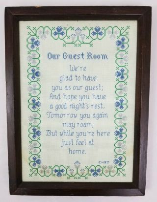 Vintage Framed Needlepoint Embroidery Wall Sampler " Our Guest Room " 14 " X 11 "