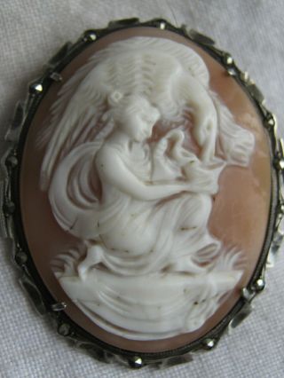 Vintage Silver Carved Cameo Brooch Depicting Hebe Feeding The Eagle Of Zeus