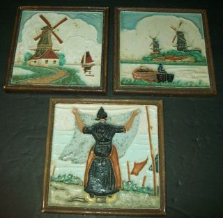 3 Vintage Porceleyne Fles Hand - Painted Dutch Delft Tiles Windmills Boats Woman