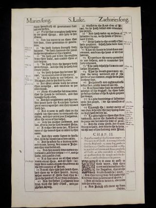 1611 King James Bible Leaf Page Book Of Luke 1:17 - 2:3 Mary 