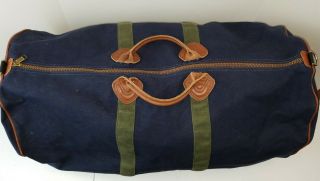 Vtg Large Ll Bean Canvas Duffle Bag Blue &green,  Leather Bottom 27 " X14 " X13 "