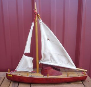 Marquette Vtg Wooden Sail Boat Michigan Beat - Up Nautical Toy W/ Sail Diy Hobby
