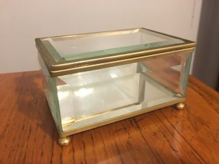 Vtg Footed Brass & Beveled Glass Display Trinket Jewelry Box Case
