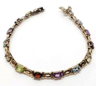 Vintage Signd 925 Sterling Silver Rainbow Faceted Glass Gemstone Tennis Bracelet