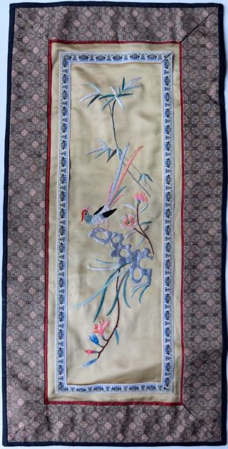 Vintage Chinese Silk Hand Made Table Runner Embroidered Bird Flowers