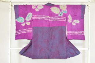 Vintage Silk Kimono Jacket:1950s Dark Purple Floral Folsing Fan@kt57