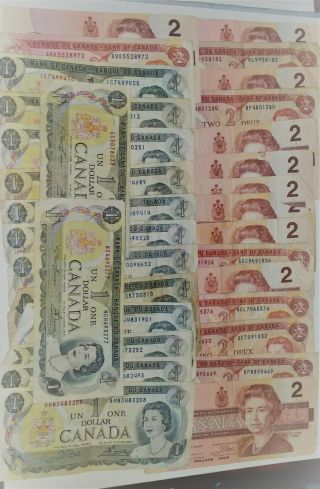 Vintage Canadian $1 And $2 Notes