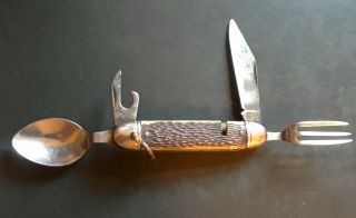 Vtg Colonial Prov.  Usa Stainless Pocket Knife W/ Spoon & Fork Camping Hobo Knife