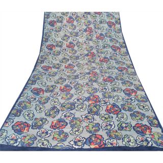 Sanskriti Vintage Grey Saree 100 Pure Crepe Silk Fabric Printed Sari Craft 3