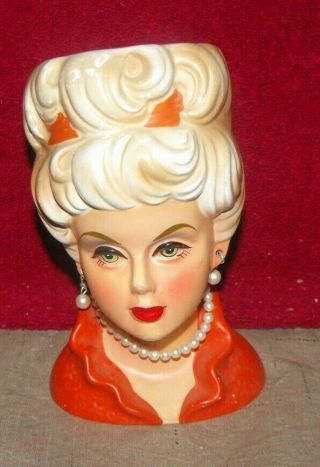 Vintage Rubens Originals 7 " Lady Head Vase Planter W/earrings & Necklace