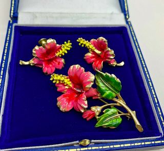 Vintage Jewellery Signed Coro Enamel Flower Brooch/earrings Set