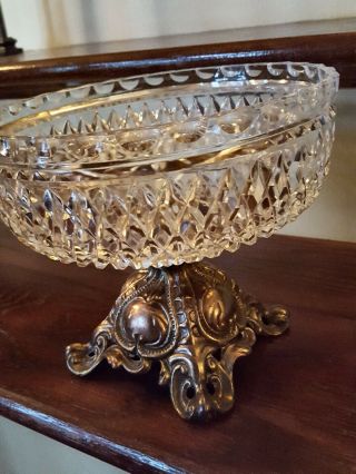 Vintage Pedestal Lead Crystal Glassl Centerpiece Bowl Ornate Brass Bottom. 3