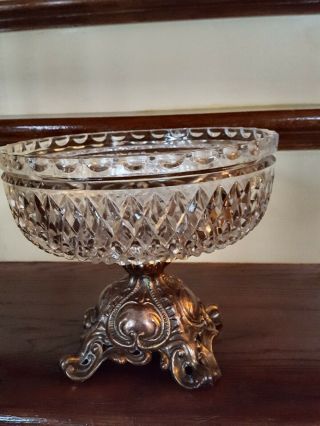 Vintage Pedestal Lead Crystal Glassl Centerpiece Bowl Ornate Brass Bottom. 5