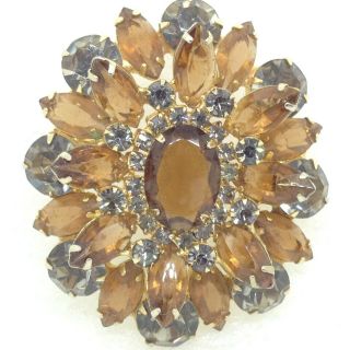 Juliana Vintage Flower Brooch Pin Amber Gray Marquise Rhinestone Costume Jewelry