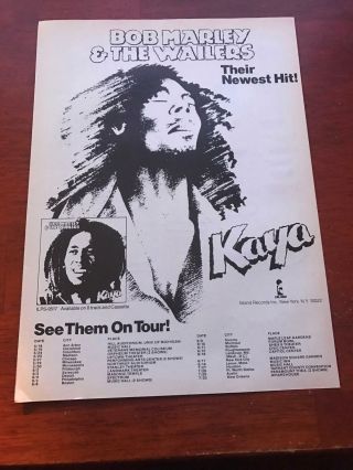 1978 Vintage 8x11 Album Promo Print Ad Bob Marley&the Wailers Kaya,  Tour Dates