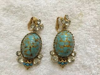Great Vintage Hattie Carnegie Signed Clip On Earrings Gold Turquoise Large