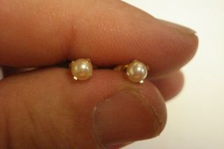 Vintage 4 mm White Pearl and 14 Kt Yellow Gold 4 Prong Stud Earrings 2