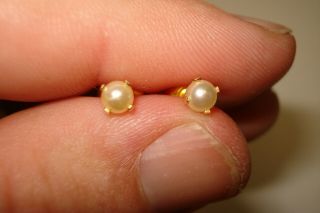 Vintage 4 mm White Pearl and 14 Kt Yellow Gold 4 Prong Stud Earrings 3