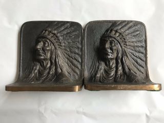 Vintage Solid Bronze Bookends Native American Indian Chief