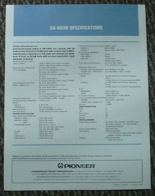 Vintage Pioneer SA - 9800 Specifications And Information 3