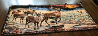 Vintage Italian Tapestry Wall Hanging Reindeer On Mountain Looking Into The Sun