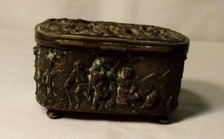 Vintage Footed Bronze Jewelry Casket With Drinking Scenes,  3 1/2 Inches Long