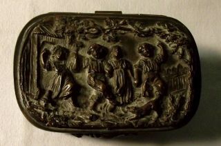Vintage Footed Bronze Jewelry Casket with Drinking Scenes,  3 1/2 Inches Long 2