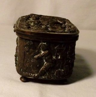 Vintage Footed Bronze Jewelry Casket with Drinking Scenes,  3 1/2 Inches Long 3