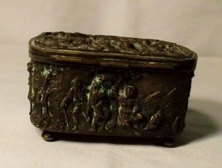 Vintage Footed Bronze Jewelry Casket with Drinking Scenes,  3 1/2 Inches Long 4